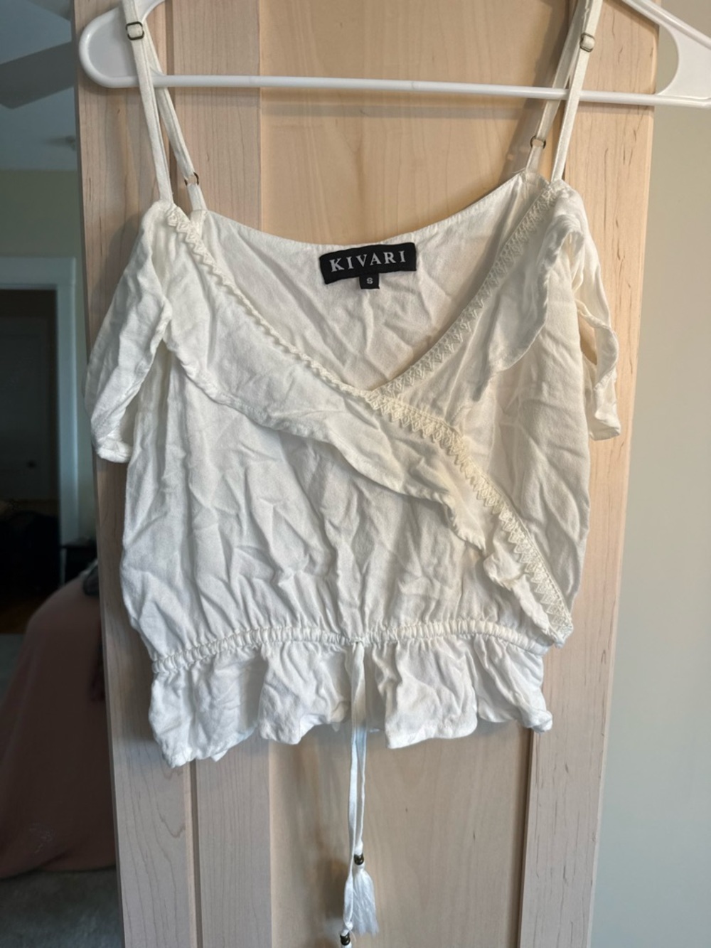 Kivari Cream Ruffle Tie-Front Cold-Shoulder Camisole